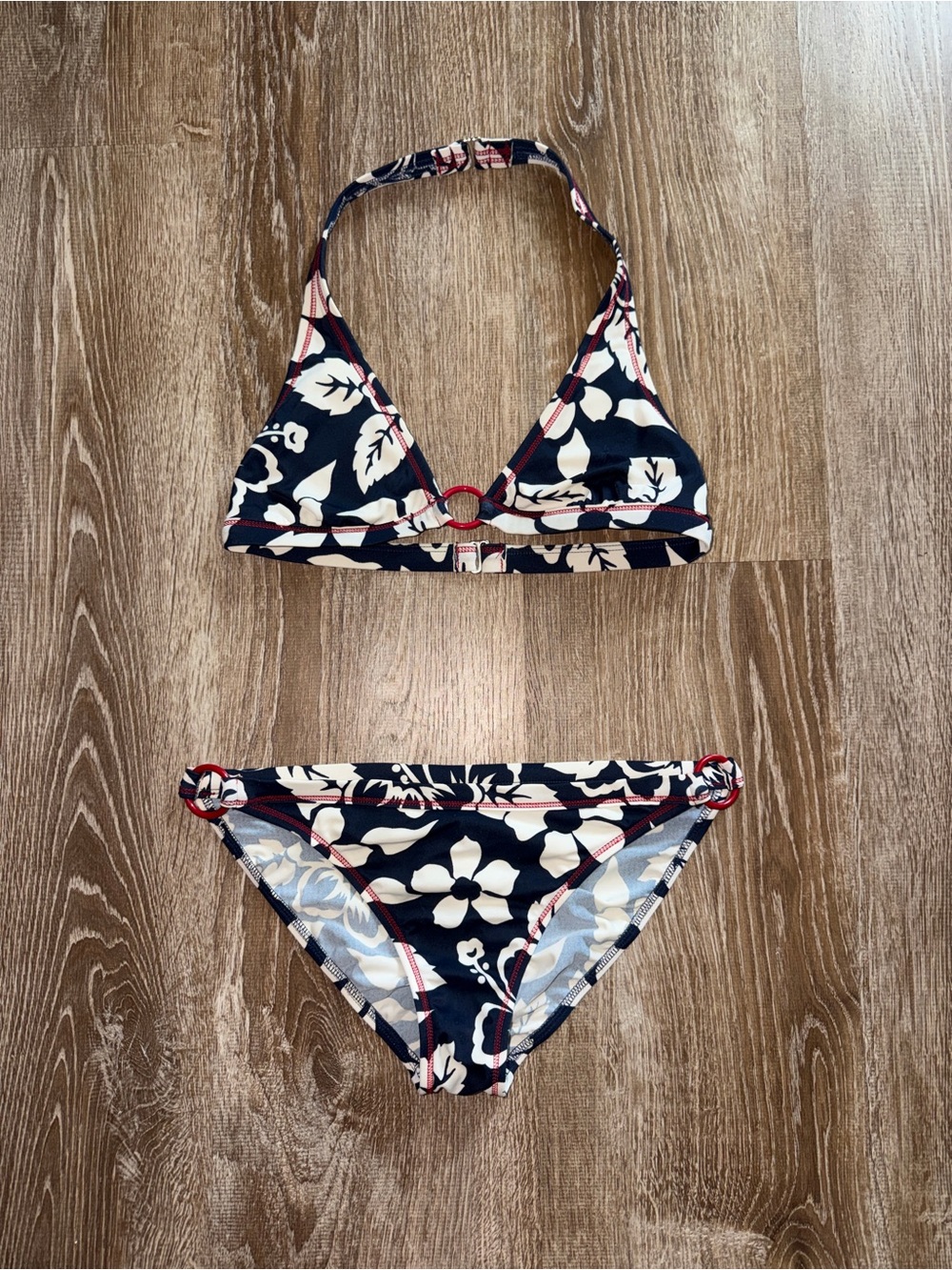 Vintage Y2K Tommy Navy Floral Halter Bikini with Red Trim